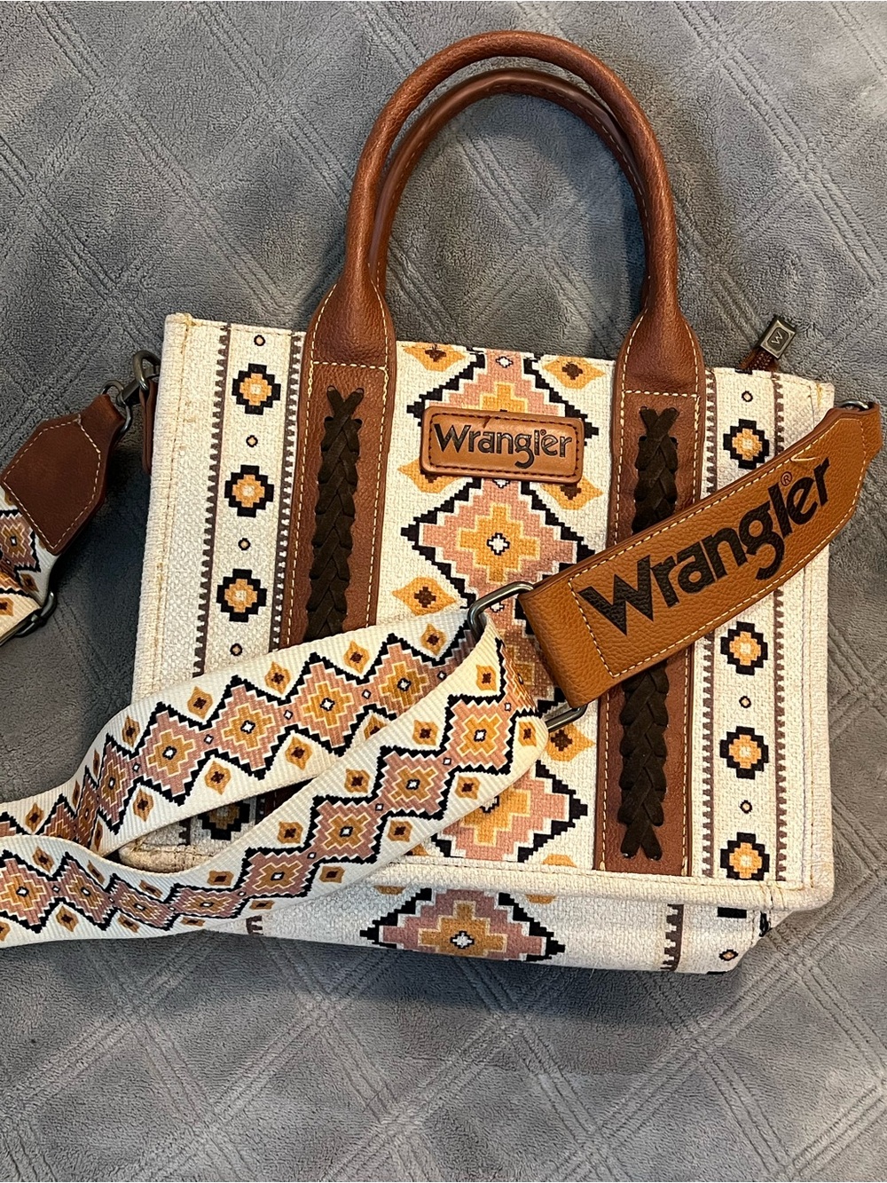 Wrangler Cream and Brown Aztec Satchel with Patterned Strap